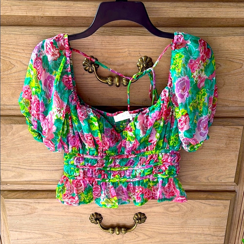 Astr Pink and Green Smocked Puff Sleeve Peplum Blouse